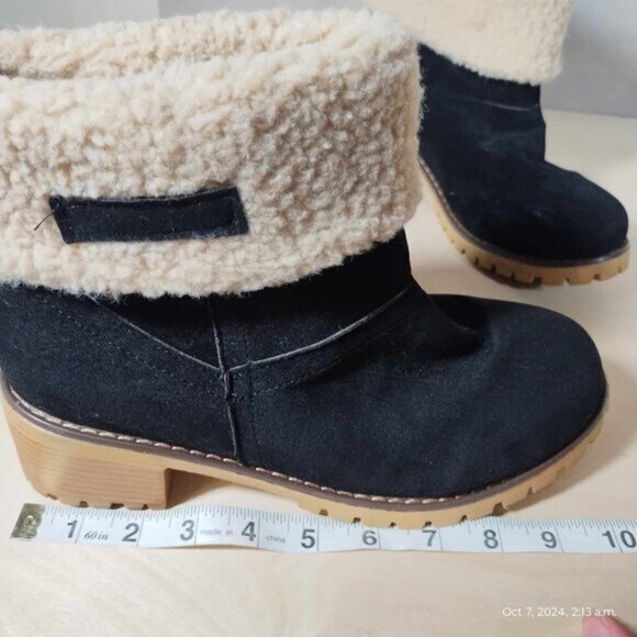 Super Chunky heel black and sherpa bootie comfortable suede 40 - Picture 8 of 12